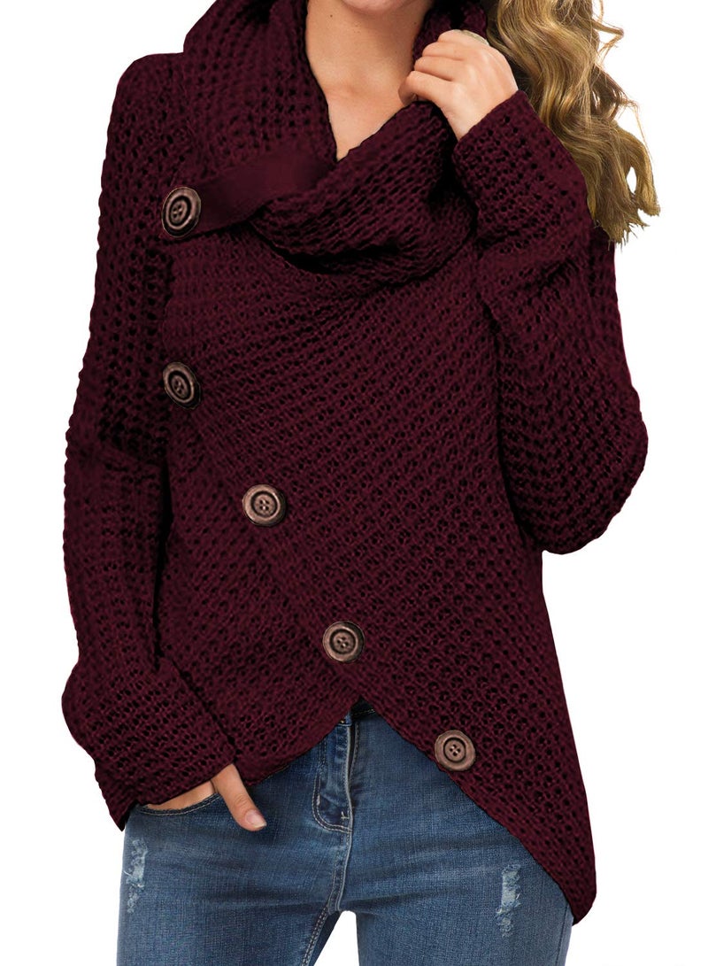 GRECERELLE Women's Fall Chunky Turtleneck Long Sleeve Asymmetric Hem Loose Knit Pullover Sweaters Tops, Wine Red, M - Image 1